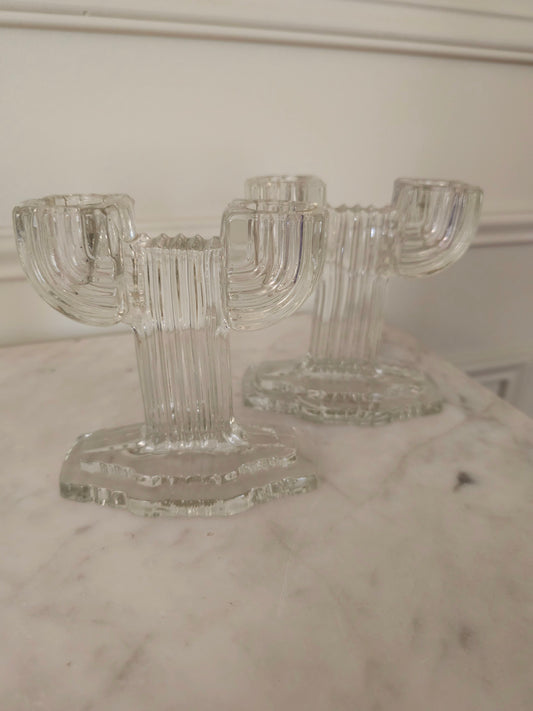 Pair of Vintage Anchor Hocking Double Arm Glass Candle Holders