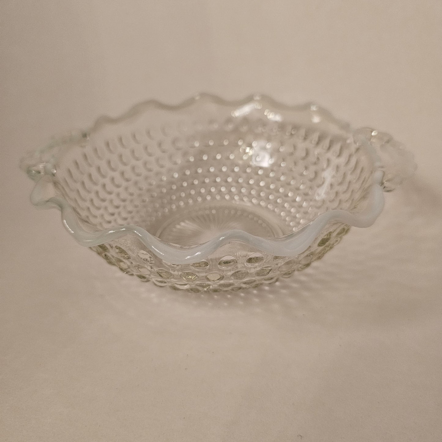 Vintage Moonstone Opalescent Hobnail Crimped Handled Bowl