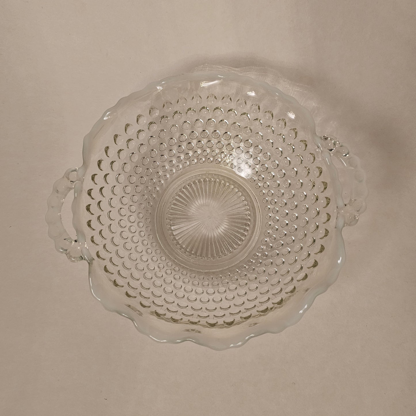 Vintage Moonstone Opalescent Hobnail Crimped Handled Bowl