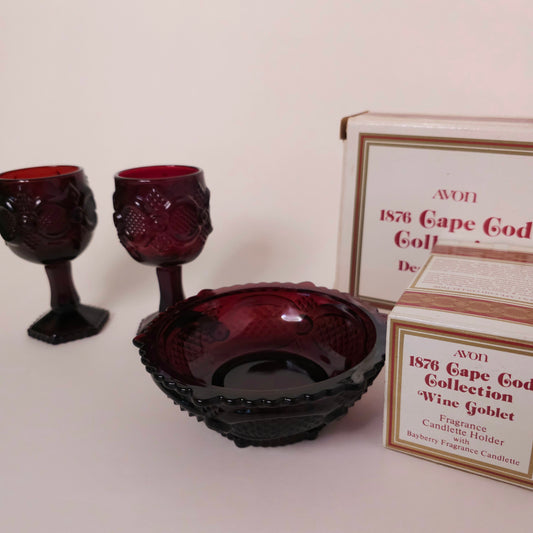 Vintage Ruby Red Avon Set - 2 Fragrance Candlette Holders, 1 Desert Dish