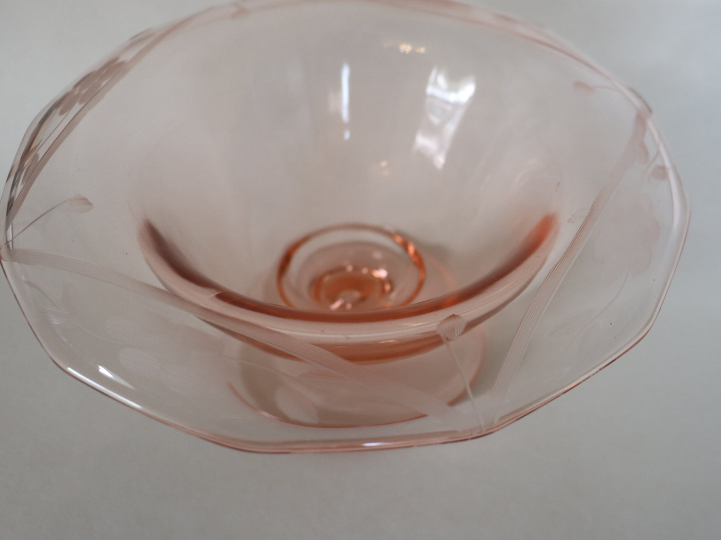 Vintage Pink Etched Depression Glass Rolled Rim Pedestal Dish