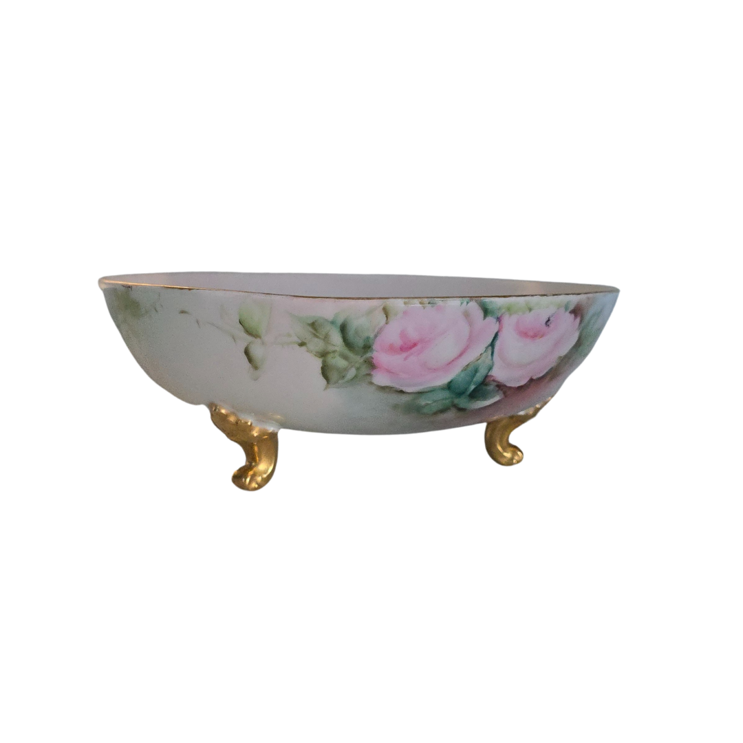 Vintage T&V Limoges France Handpainted Floral Footed Bowl